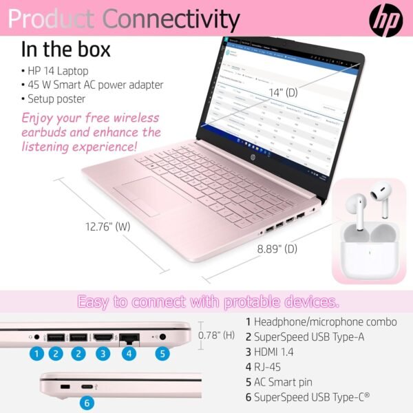 HP Ultralight 14 inch Laptop with Intel 4-Core Processor • with Microsoft 365 and Wireless Earbuds • 16GB RAM • 128GB External & 64GB Onboard & 1TB Cloud Storage • HD Display • Pink • Windows 11