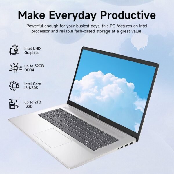 HP High-Performance 17.3" Laptop, 17.3" HD+ Touchscreen, 8-Cores Intel i3-N305, 16GB RAM, 128GB eMMC + 512GB PCIe SSD, Webcam, HDMI, Numeric Keypad, Wi-Fi 6, Windows 11 Pro, Silver
