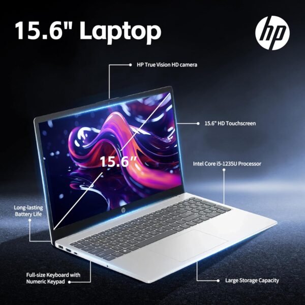 HP 15.6 inch Laptop, Intel i5 Processor Up to 4.4 GHz, 32GB RAM, 1TB SSD, HD Touch Screen, Intel Iris Xe Graphics, Windows 11 Home, Webcam, Wi-Fi, Bluetooth, Natural Silver, Alpacatec Accessories