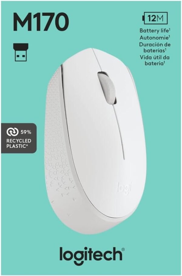 Logitech M170 Wireless Mouse for PC, Mac, Laptop, 2.4 GHz with USB Mini Receiver, Optical Tracking, 12-Months Battery Life, Ambidextrous - Off White