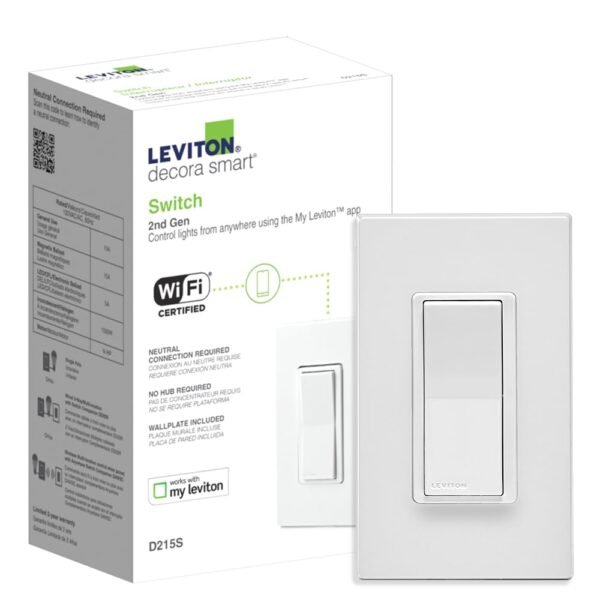 Leviton Decora Smart Switch, Wi-Fi 2nd Gen, Neutral Wire Required, Works with Matter, My Leviton, Alexa, Google Assistant, Apple Home/Siri & Wired or Wire-Free 3-Way, D215S-2RW, White