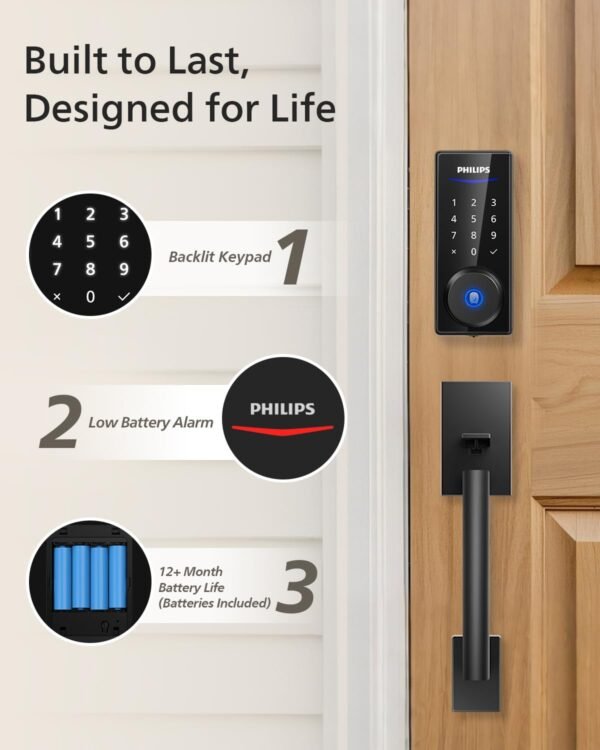 Philips Wi-Fi Smart Lock with Handle, Keyless Entry Keypad Door Lock with Handle, Front Door Deadbolt Set with WiFi Gateway, App Control, Fingerprint Unlock, PIN Code Unlock, Auto Locking