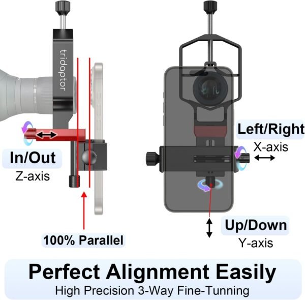 tridaptor - Universal Phone Scope Digiscoping Adapter|High-Precision XYZ Metal Telescope Mount 3-Axis Smartphone Holder for Spotting Scope Monocular Binos|Fits All Cell Phone Camera/Max 2.4" Eyepiece