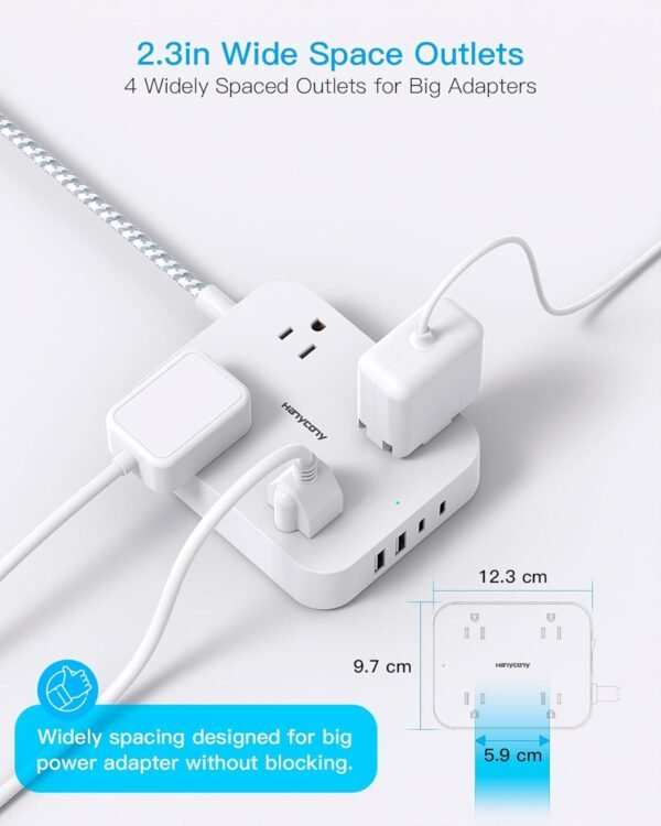 Flat Plug Extension Cord, 5ft Power Strip with 4 USB Ports(2 USB C), 4 Widely Outlets Extender, Wall Mount, Desk Charging Station for Office, School, Travel and Dorm Room Essentials, ETL Listed