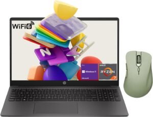 HP 255 G10 Professional Business Laptop, AMD Ryzen 7 7730U, 15.6" FHD IPS Display, 32GB RAM, 1TB SSD, HDMI, Wi-Fi 6, Webcam, Windows 11 Pro, Black, with Thunderobot ML101 Green Wireless Mouse