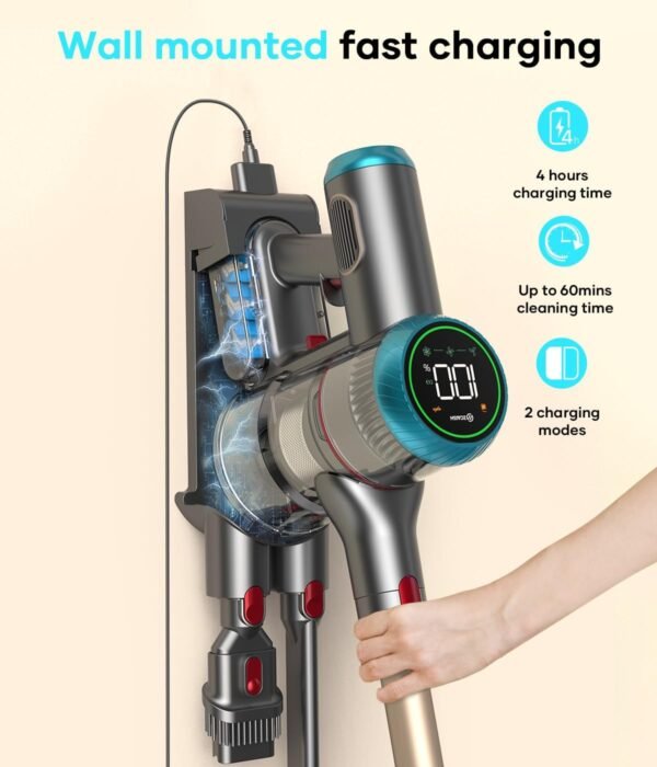 Cordless Vacuum Cleaner, 550W 45KPA 60 Mins Runtime Vacuum Cleaners for Home with Smart Display, Stick Vacuum with Charging Dock Station Removable Battery, Handheld Vacuum for Pet Hair/Carpet/Floor