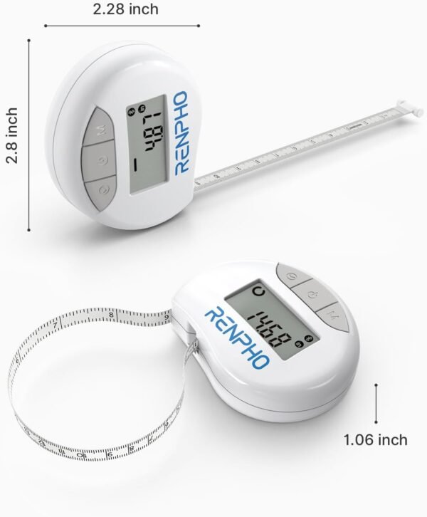 61CMB18ZRaL._AC_SL1500_.jpg RENPHO Body Measuring Tape, Smart Tape Measure for Weight Loss, Bluetooth Fitness Equipment with App, Measuring Waist, Hip, Bust, Arms, Muscle Gain, Retractable, 60in /150cm, White