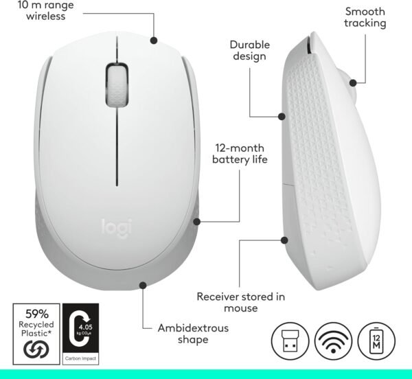 Logitech M170 Wireless Mouse for PC, Mac, Laptop, 2.4 GHz with USB Mini Receiver, Optical Tracking, 12-Months Battery Life, Ambidextrous - Off White