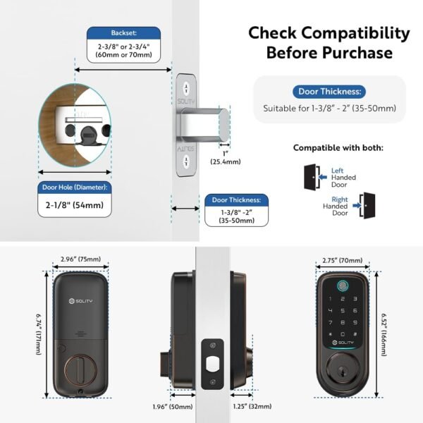 Solity No-Hub Smart Digital Door Lock, Designed in Korea, Keyless Entry, Wi-Fi, Remote Control, Touchscreen Keypad, Auto Lock, IP54 Waterproof GT10BK Biometric (GT10BK_ORB)