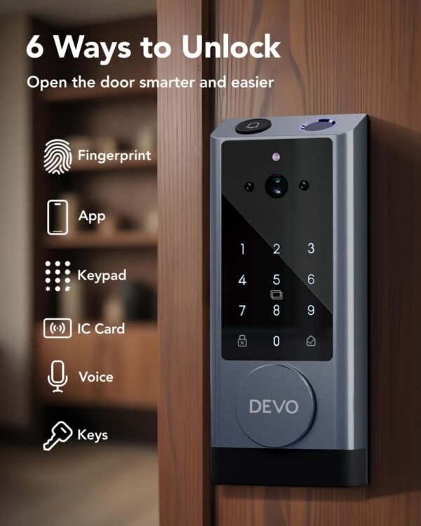 Devo G1 Video Smart Lock with Camera&Doorbell,6-in-1 Keyless Entry Door Lock with App Remote,Fingerprint ID,Auto Locks,Built-in Wi-Fi Smart Deadbolt for Front Door,Easy Install,Waterproof,BHMA Grade 3