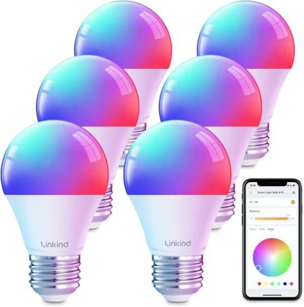 Linkind Color Changing Smart WiFi Light Bulbs, Work with Alexa & Google Home, A19 E26 Dimmable RGBTW Bulbs, No Hub Needed, 800 Lumen, 2.4Ghz WiFi, 6 Pack
