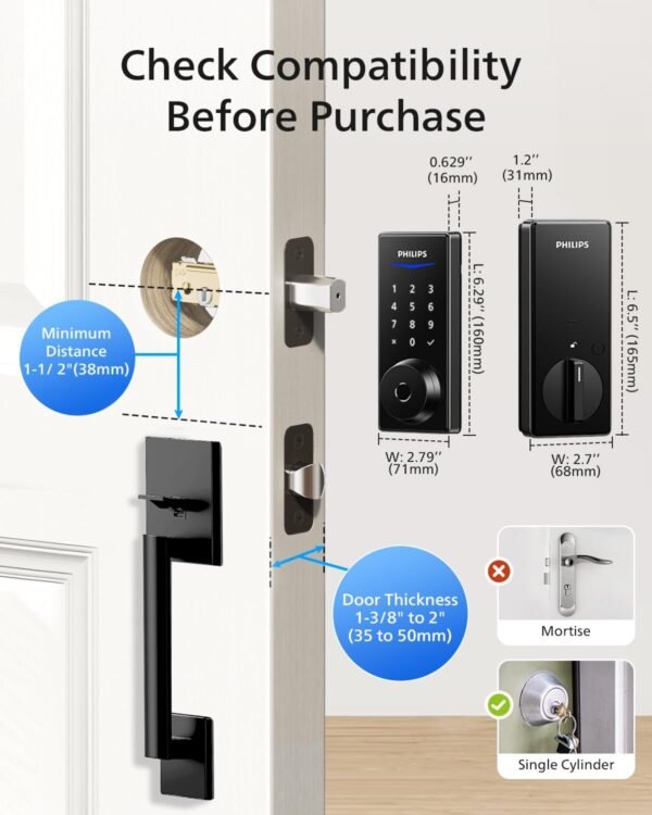 Philips Wi-Fi Smart Lock with Handle, Keyless Entry Keypad Door Lock with Handle, Front Door Deadbolt Set with WiFi Gateway, App Control, Fingerprint Unlock, PIN Code Unlock, Auto Locking