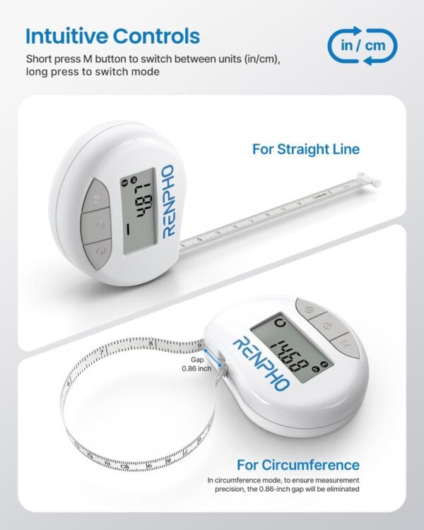61RaeUASinL._AC_SL1500_.jpg RENPHO Body Measuring Tape, Smart Tape Measure for Weight Loss, Bluetooth Fitness Equipment with App, Measuring Waist, Hip, Bust, Arms, Muscle Gain, Retractable, 60in /150cm, White