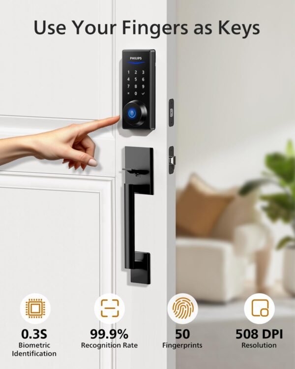 Philips Wi-Fi Smart Lock with Handle, Keyless Entry Keypad Door Lock with Handle, Front Door Deadbolt Set with WiFi Gateway, App Control, Fingerprint Unlock, PIN Code Unlock, Auto Locking