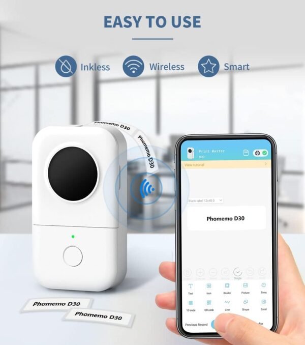 61ayJtw1EtL._AC_SL1130_.jpg Phomemo D30 Label Maker, Bluetooth Wireless Mini Pocket Smartphone Label Maker Machine, Direct Thermal Printer Rechargeable Labeler for Home Office Labeler, Works with Tablet, Phones
