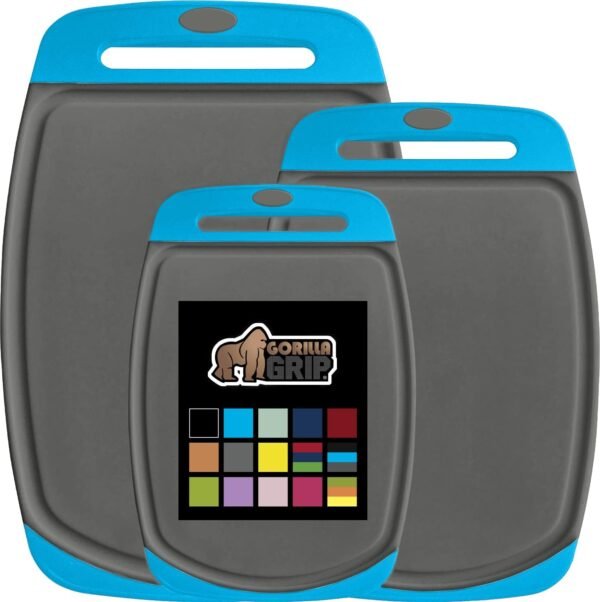 GORILLA GRIP 100% BPA-Free Reversible Kitchen Cutting Board Set of 3, Nonporous, Juice Grooves to Catch Liquid, Slip Resistant Handle Border, Dishwasher Safe, Durable Food Chopping Boards, Aqua Gray