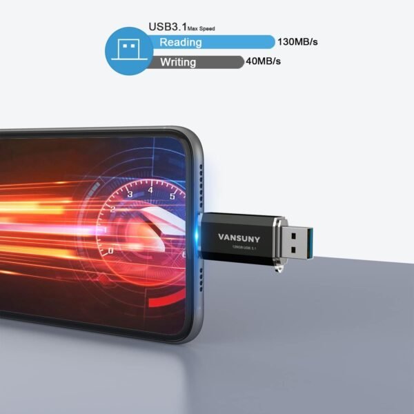 Vansuny 128GB Type C Flash Drive Upgraded 130MB/s USB 3.1 Flash Drive 2 in 1 OTG USB A + USB C Memory Stick with Keychain Dual Type C USB Thumb Drive for Android Smartphones, Tablets, MacBook, PC