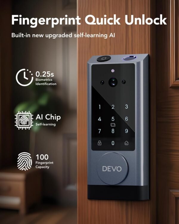 Devo G1 Video Smart Lock with Camera&Doorbell,6-in-1 Keyless Entry Door Lock with App Remote,Fingerprint ID,Auto Locks,Built-in Wi-Fi Smart Deadbolt for Front Door,Easy Install,Waterproof,BHMA Grade 3