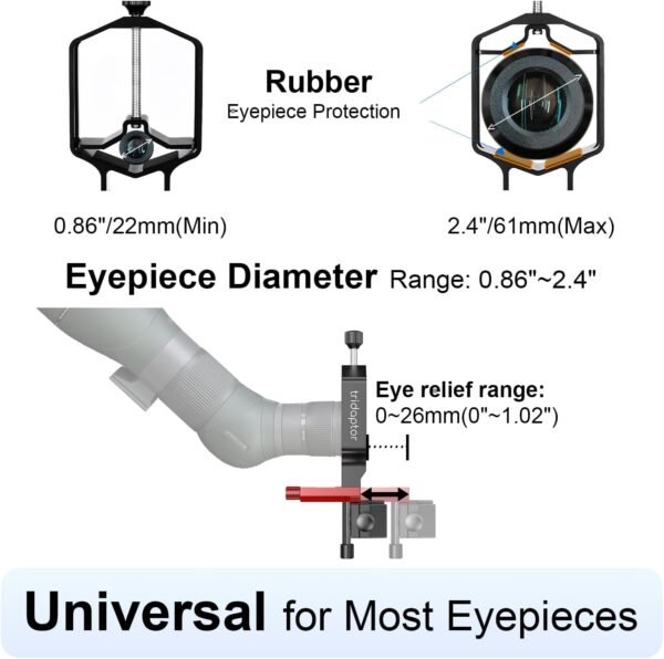 tridaptor - Universal Phone Scope Digiscoping Adapter|High-Precision XYZ Metal Telescope Mount 3-Axis Smartphone Holder for Spotting Scope Monocular Binos|Fits All Cell Phone Camera/Max 2.4" Eyepiece