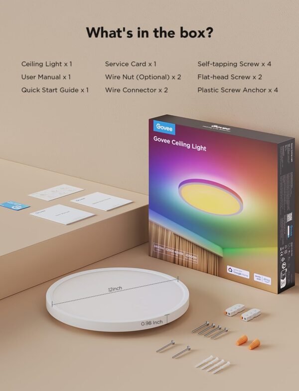 Govee Smart Ceiling Light, RGBIC LED Ceiling Light Fixture, 2400LM Flush Mount Light Fixture, DIY Colors, Works with Alexa, 2200K-6500K Ceiling Lights for Bedroom, Living Room, 12 Inch, 1 Pack