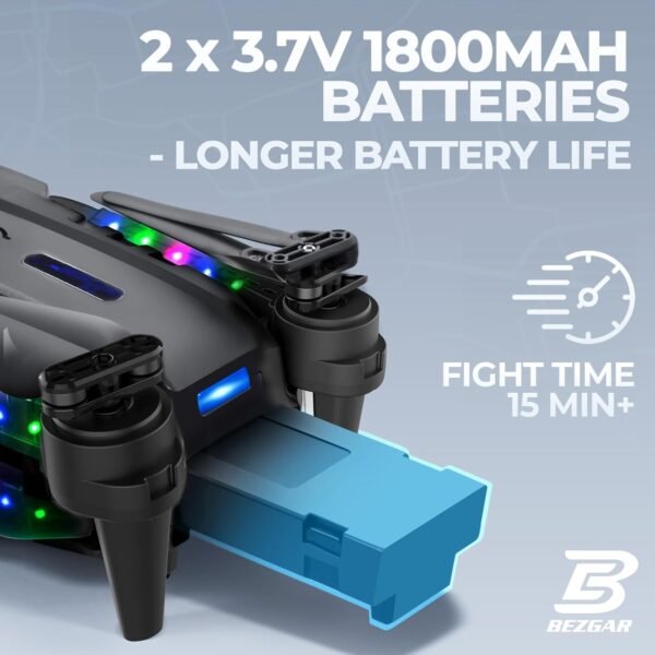 BEZGAR Mini Drone with Camera for KIds - 1080P HD FPV RC Quadcopter with 90° Adjustable Lens, Coloeful LED Lights, Gestures Selfie, One Key Start, 360° Flips,Toys Gifts RC Drone for Boys Girls Black