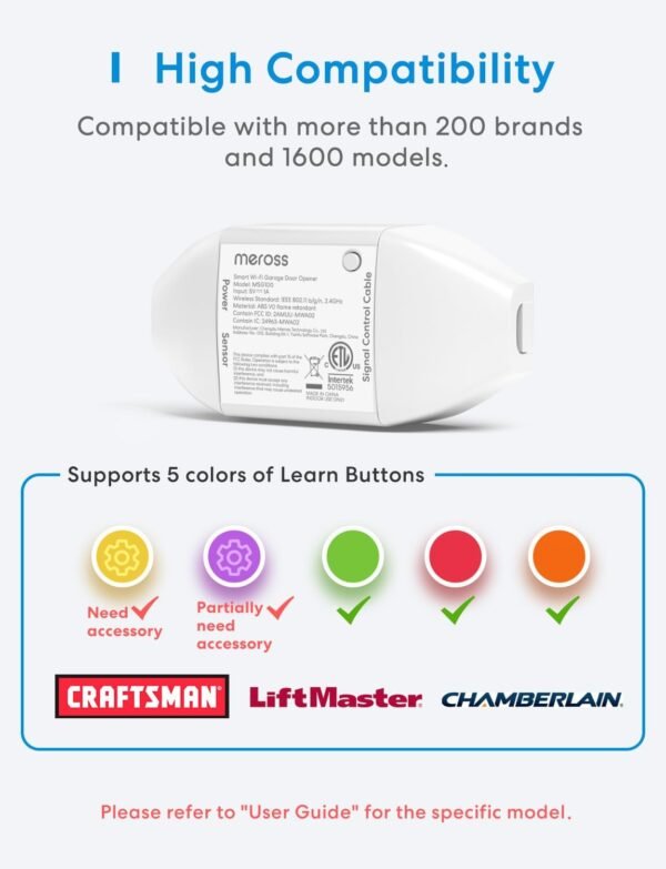 meross Smart Garage Door Opener Remote, Compatible with Apple HomeKit, Amazon Alexa, Google Assistant, SmartThings, Multiple Notification Modes, No Hub Needed