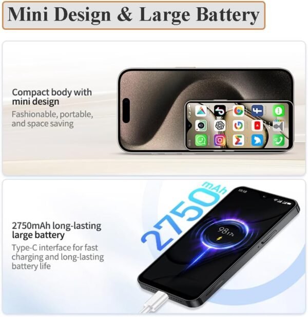 Mini 4G Smartphone Unlocked, 4.3 Inch Full Screen Dual Sim Quad Core Mini Phone Premium Child Phone Small Smartphone Student Pocket Cellphone, 2+16GB (Metallic Black)