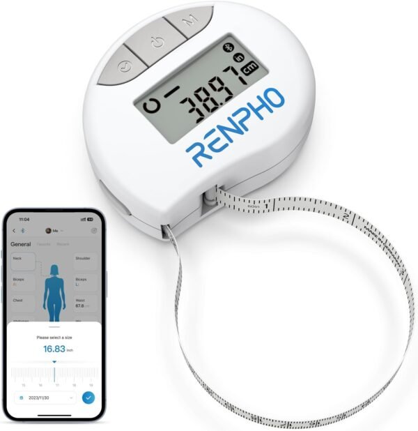 RENPHO Body Measuring Tape, Smart Tape Measure for Weight Loss, RENPHO Body Measuring Tape, Smart Tape Measure for Weight Loss, Bluetooth Fitness Equipment with App, Measuring Waist, Hip, Bust, Arms, Muscle Gain, Retractable, 60in /150cm, White