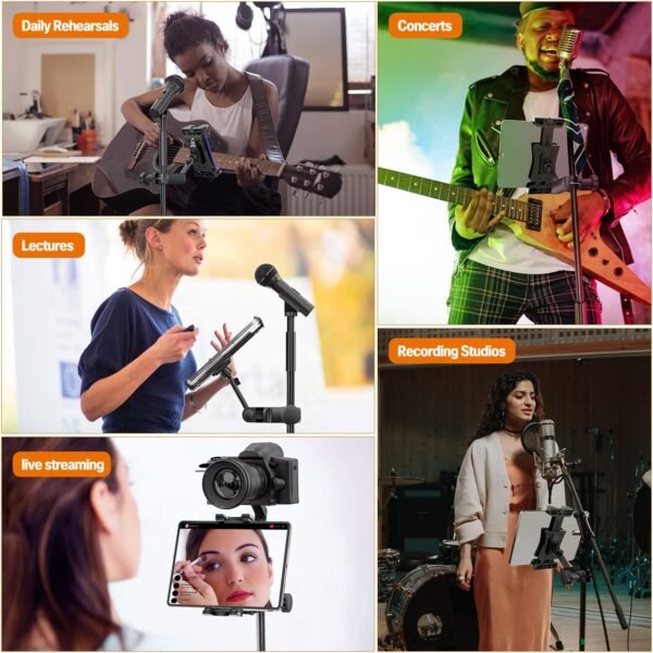 Tablet Holder for Microphone Stand, Mic Music Stand Tablet Holder for iPad, Smartphone Tablet Mic Stand Mount for Shee Music Fits Devices from Screen Size 4.7 to 12.9 Inches