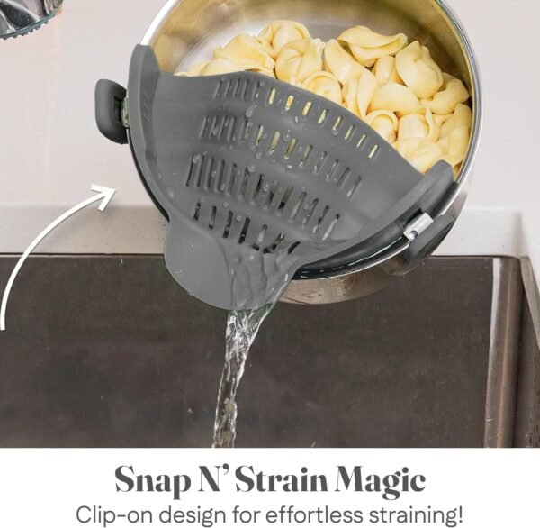 Kitchen Gizmo Snap N' Strain - Silicone Pasta Strainer Clip-On for Pots and Pans - Heat Resistant Colander for Vegetables and Noodles - Kitchen Gadgets for Cooking - Space-Saving Design - Grey