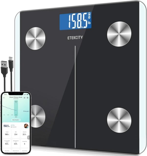 Etekcity Smart Rechargeable Body Fat Scale, Digital Bathroom Scale for Body Weight and Muscle, Accurate Weighing Machine for People Sync with Smartphone App, 400lb, Black