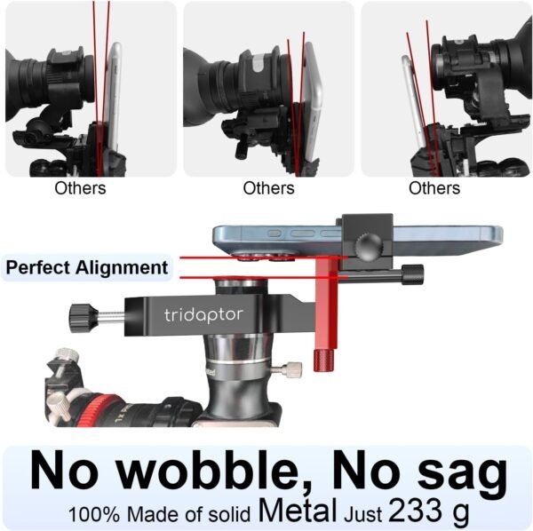 tridaptor - Universal Phone Scope Digiscoping Adapter|High-Precision XYZ Metal Telescope Mount 3-Axis Smartphone Holder for Spotting Scope Monocular Binos|Fits All Cell Phone Camera/Max 2.4" Eyepiece