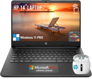 HP 14 inch Laptop Touch Screen Computer, Touchscreen Laptop 14 Inch|Lifetime Office, AMD Ryzen 3 Business College Students Laptop Notebook PC,32GB RAM 1TB SSD Windows 11 Pro Camera HDMI LongBattery