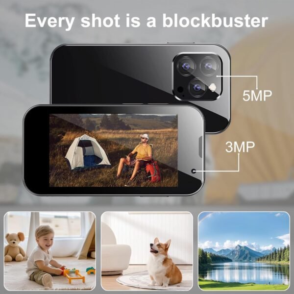 V-18pro Mini Smartphone for Kids, Unlocked, 2GB+16GB, Blue, 3.0" HD Touch Screen, Quad Core, Dual Sim, Face ID, 3MP+5MP Camera, Compact Mobile Phone