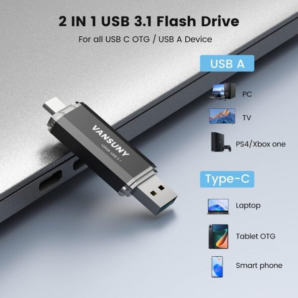 Vansuny 128GB Type C Flash Drive Upgraded 130MB/s USB 3.1 Flash Drive 2 in 1 OTG USB A + USB C Memory Stick with Keychain Dual Type C USB Thumb Drive for Android Smartphones, Tablets, MacBook, PC