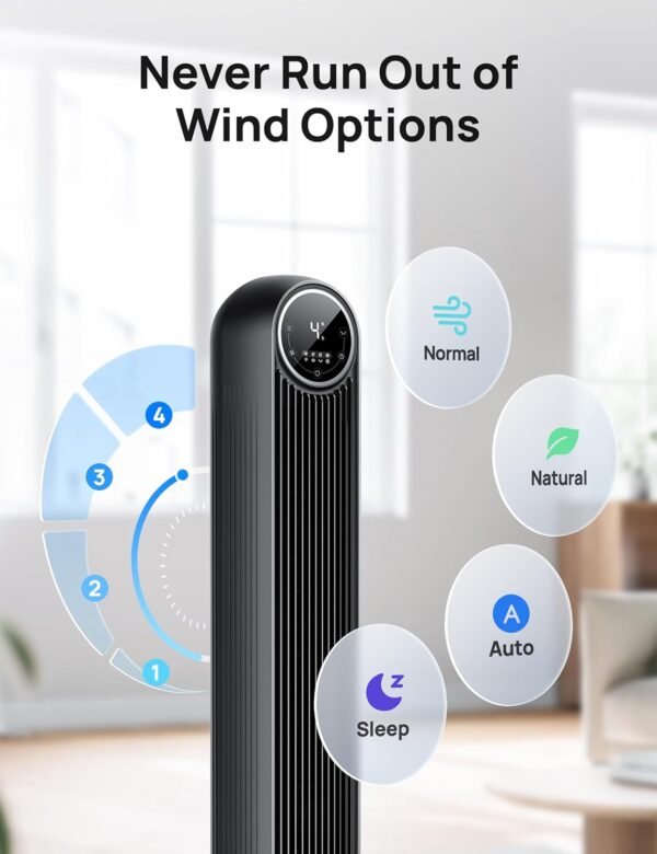 Dreo Tower Fan for Bedroom, Smart Oscillating Quiet Floor Fans, Standing Bladeless Fan with Remote and WiFi Voice Control, 4 Modes, 4 Speeds, 8H Timer, 28dB, Works with Alexa/Google
