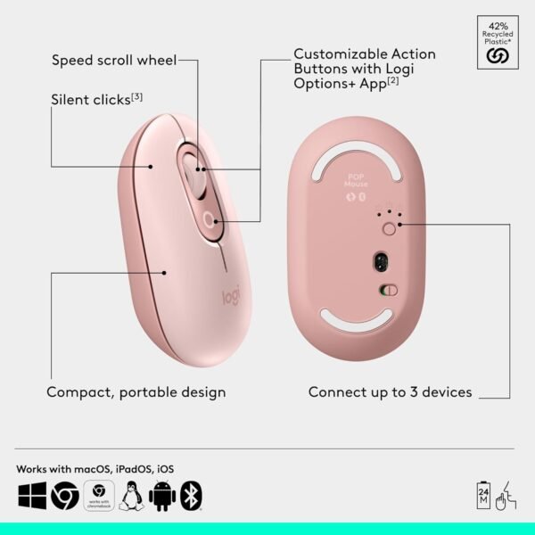 Logitech POP Mouse, Compact and Portable Wireless Bluetooth Mouse with Programmable Buttons and Quiet Clicks, Easy-Switch Between up to 3 Devices, Laptop, Tablet, PC - Rose