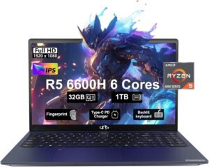 NIMO 15.6 FHD IPS Business Gaming Laptop, 6-Cores AMD Ryzen 5 6600H 660M 6 nm, 32GB RAM DDR5, 1TB SSD (Beat i5-12450H, up to 4.5GHz), 100W Type-C, Fingerprint, Backlit Keyboard, WiFi 5 Win 11