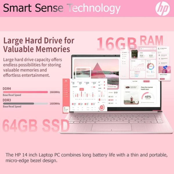 HP Ultralight 14 inch Laptop with Intel 4-Core Processor • with Microsoft 365 and Wireless Earbuds • 16GB RAM • 128GB External & 64GB Onboard & 1TB Cloud Storage • HD Display • Pink • Windows 11