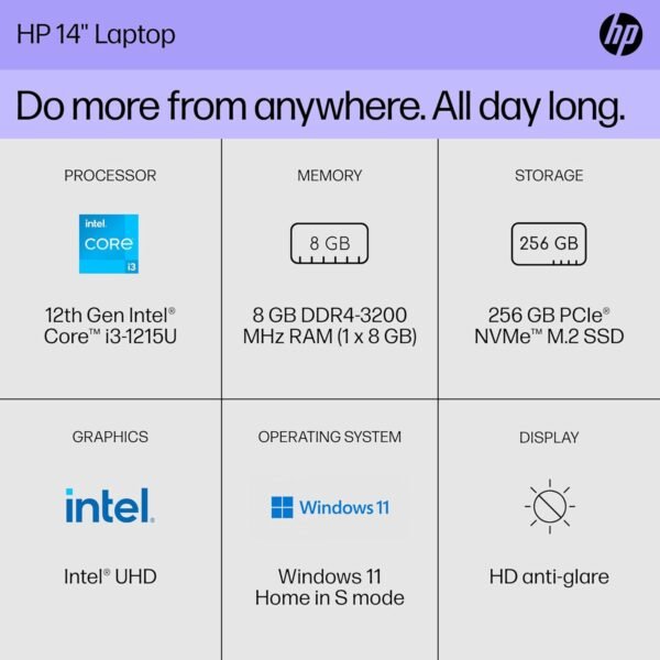 HP 14 inch Laptop, HD Display, 12th Generation Intel Core i3-1215U, 8 GB RAM, 256 GB SSD, Intel UHD Graphics, Windows 11 Home in S Mode, 14-dq5009nr (2024)