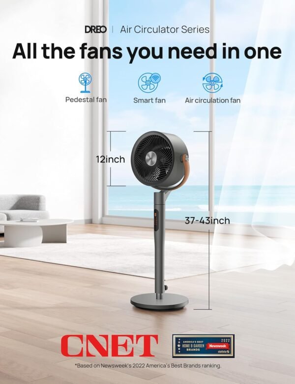Dreo Fan For Bedroom, Standing Fan for Home, 120°+105° Smart Oscillating Pedestal Fans with Wi-Fi/Voice Control, 100ft Quiet Circulator Fan, DC Motor, 6 Modes, 8 Speeds, 37-43'' Adjustable Height