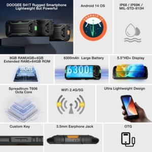 DOOGEE S41T Rugged Unlocked 2025,Android 14 6300mAh Battery,8GB+64GB,4G Dual Sim Rugged Smartphone,13MP Camera,IP68 Waterproof Cell Phone,Face Unlock,NFC/T-Mobile,Black