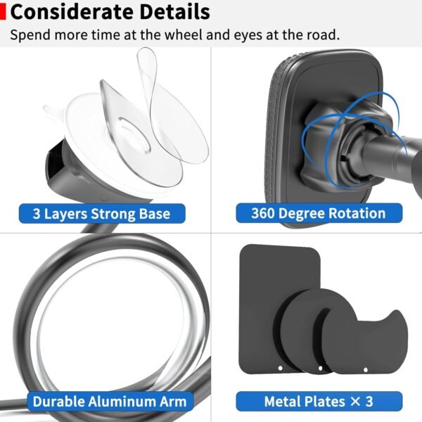 APPS2Car Magnetic Car Phone Holder Mount [Flexible Long Arm] Anti-Shake Windshield Phone Mount [6 Strong Magnets] Cell Phone Holder for Car [Case Friendly] Compatible with iPhone Smartphones Tablets