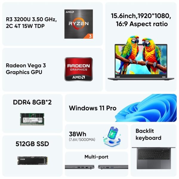 15.6" 2-in-1 Laptop | 16GB DDR4 RAM 512GB Storage | AMD Ryzen 3 3200U (up to 3.5GHz) | AMD Radeon Vega 3 | FHD Touchscreen | Windows 11 Pro | Wi-Fi 5 | BT5.1 | RJ45 | Backlit Keyboard, Gray