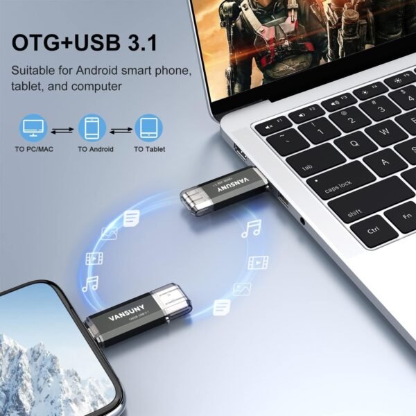 Vansuny 128GB Type C Flash Drive Upgraded 130MB/s USB 3.1 Flash Drive 2 in 1 OTG USB A + USB C Memory Stick with Keychain Dual Type C USB Thumb Drive for Android Smartphones, Tablets, MacBook, PC
