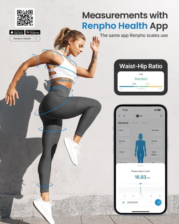 71S90zTdpNL._AC_SL1500_.jpg RENPHO Body Measuring Tape, Smart Tape Measure for Weight Loss, Bluetooth Fitness Equipment with App, Measuring Waist, Hip, Bust, Arms, Muscle Gain, Retractable, 60in /150cm, White