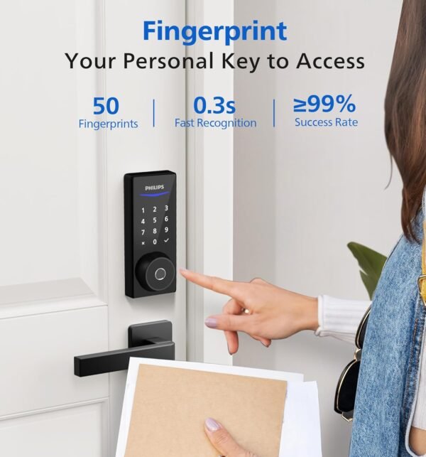 Philips Wi-Fi Smart Door Lock, Keyless Entry Door Lock with App Control,Fingerprint ID,Auto Lock,Keypad Deadbolt with Wi-Fi Bridge Adaptor,Smart Locks for Front Door-Matte Black