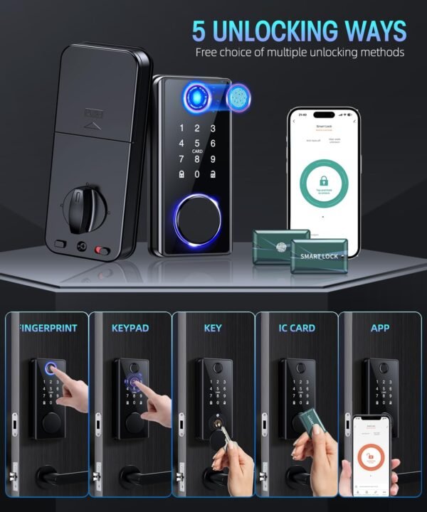 Keyless Entry Fingerprint Door Lock - Smart Deadbolt Lock for Front Door with Keypad - Electronic Lock with APP - Biometric Digital Lock with Code - Auto Lock
