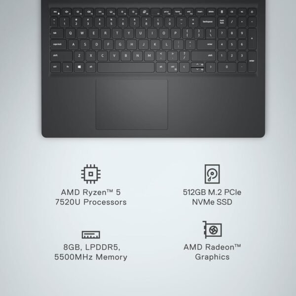 Dell Inspiron 3535 Laptop - 15.6-inch FHD (1920 x 1080) Display, AMD Ryzen 5 7520U Processor, 8GB DDR4 RAM, 512GB SSD, AMD Radeon Graphics, Windows 11 Home, 6-Months Migrate - Carbon Black