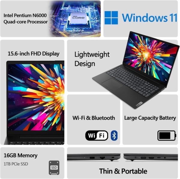Lenovo 15.6" FHD Laptop, Intel Pentium N6000 Quad-core Processor, 16GB Memory, 1TB SSD Storage, Ethernet Port, HDMI, USB-C, WiFi & Bluetooth, Windows 11 Home, WOWPC USB Bundle